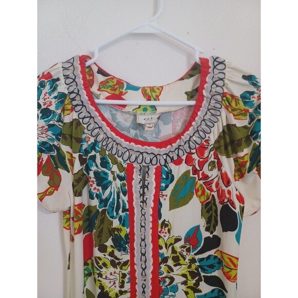 ECI New York Floral Shift Dress 10 Vtg Shortsleeve Beaded Tropical Hawaiian - Picture 3 of 9